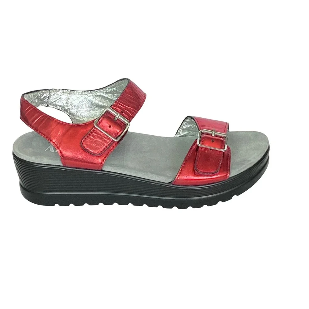 Alegria Morena Red Metallic Leather Platform Wedge Sandals MOR-257 Womens 41